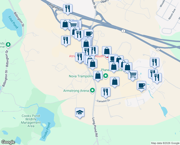 map of restaurants, bars, coffee shops, grocery stores, and more near 68 Long Pond Road in Plymouth