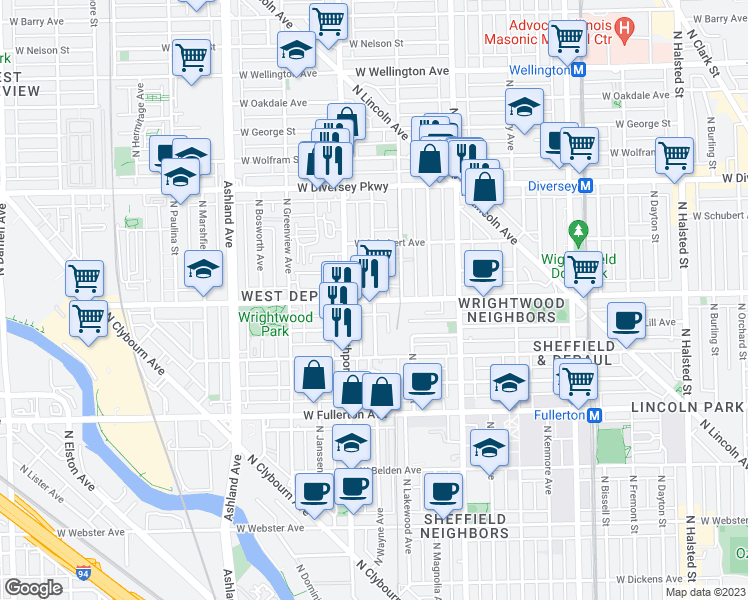 map of restaurants, bars, coffee shops, grocery stores, and more near W Wrightwood Ave & N Wayne Ave in Chicago