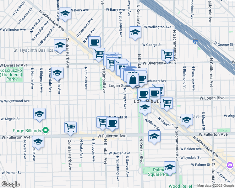 map of restaurants, bars, coffee shops, grocery stores, and more near 2634 North Spaulding Avenue in Chicago