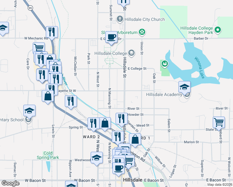 map of restaurants, bars, coffee shops, grocery stores, and more near 195 North Manning Street in Hillsdale