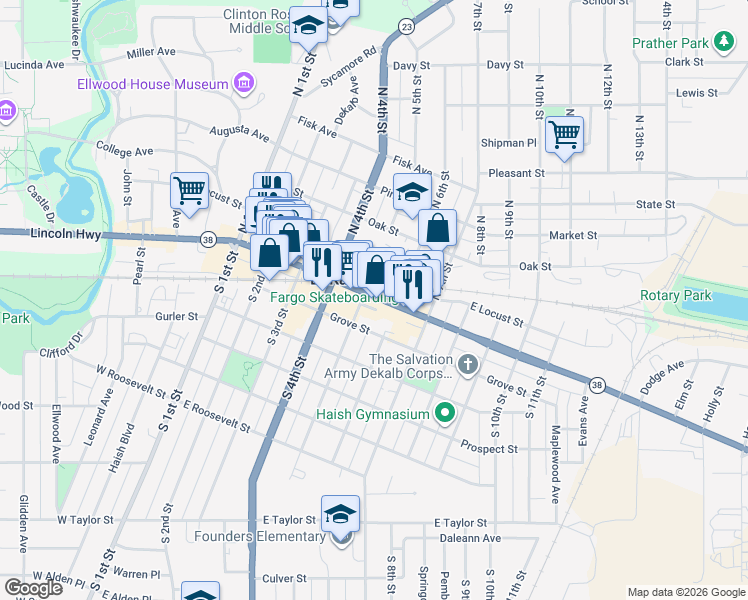 map of restaurants, bars, coffee shops, grocery stores, and more near 400 East Locust Street in DeKalb