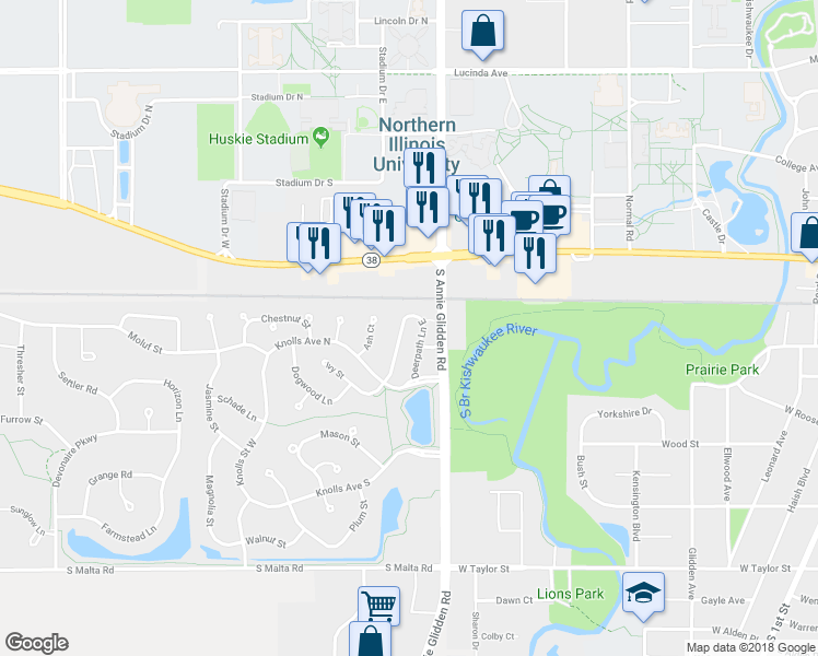 map of restaurants, bars, coffee shops, grocery stores, and more near 292 Deerpath Lane West in DeKalb