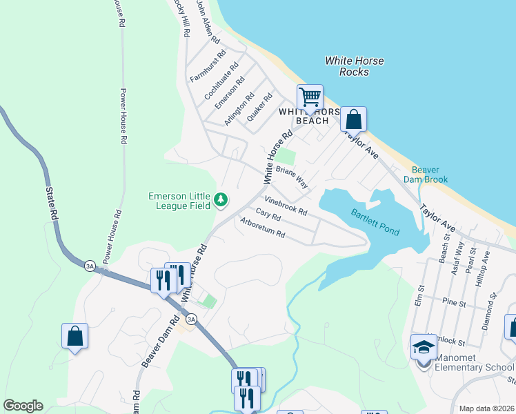 map of restaurants, bars, coffee shops, grocery stores, and more near 76 White Horse Road in Plymouth