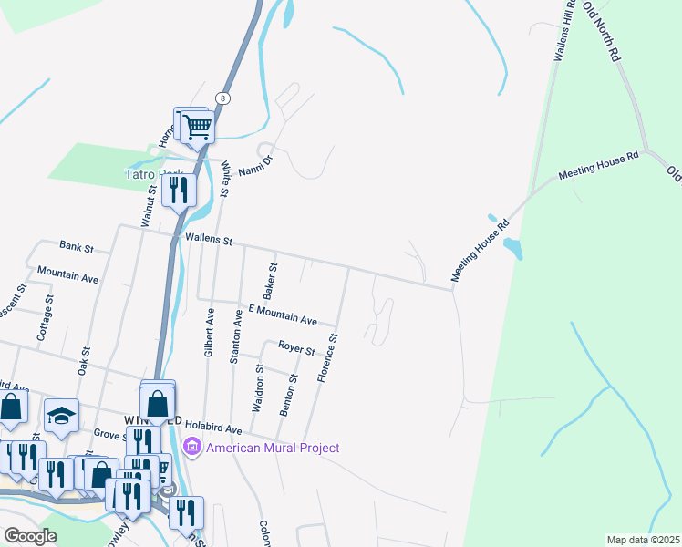 map of restaurants, bars, coffee shops, grocery stores, and more near 143 Wallens Street in Winsted