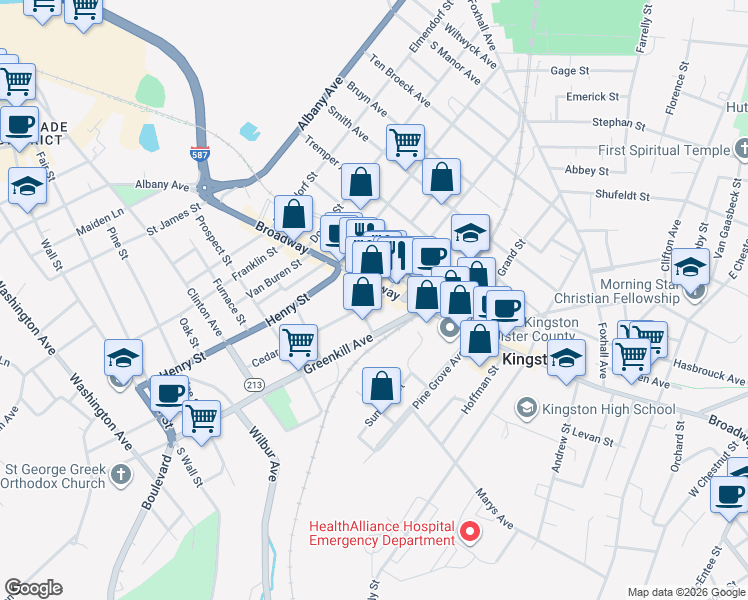 map of restaurants, bars, coffee shops, grocery stores, and more near 594 Broadway in Kingston