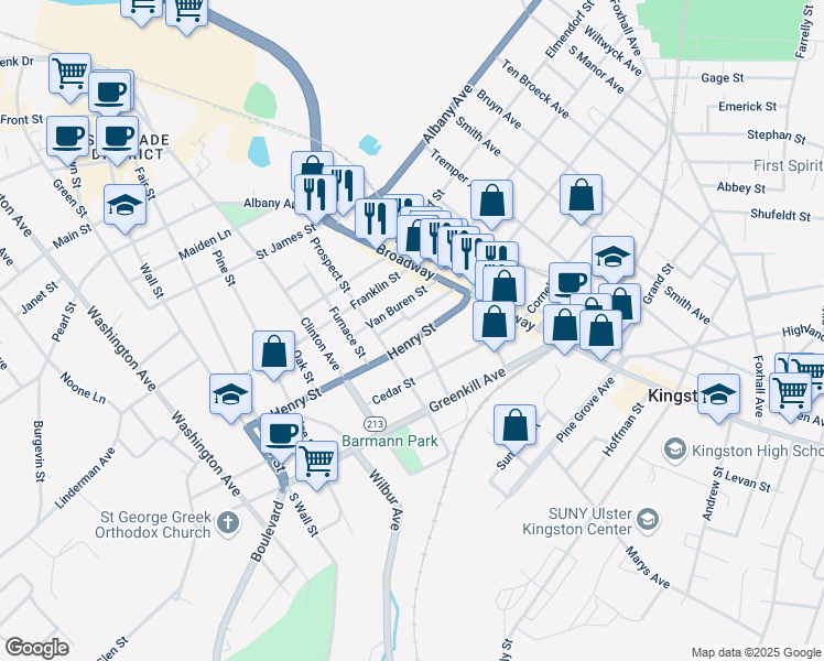 map of restaurants, bars, coffee shops, grocery stores, and more near 48 Van Buren Street in Kingston