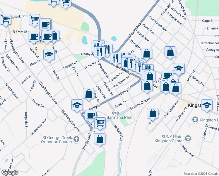 map of restaurants, bars, coffee shops, grocery stores, and more near 56 Franklin Street in Kingston