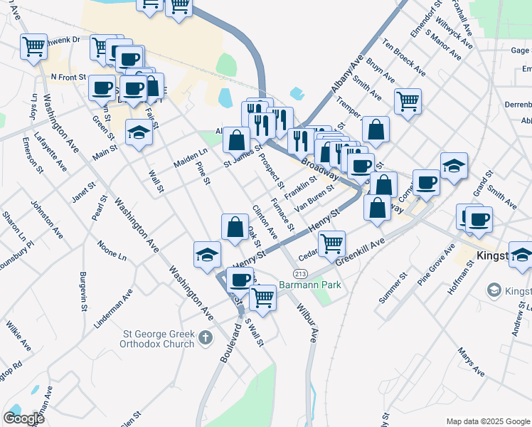 map of restaurants, bars, coffee shops, grocery stores, and more near 70 Liberty Street in Kingston
