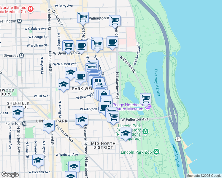 map of restaurants, bars, coffee shops, grocery stores, and more near 432 West Deming Place in Chicago