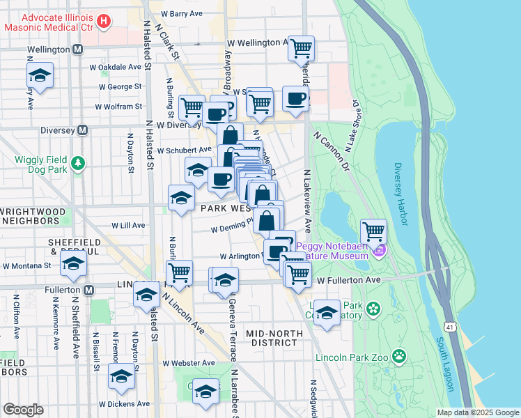 map of restaurants, bars, coffee shops, grocery stores, and more near 2551 North Clark Street in Chicago