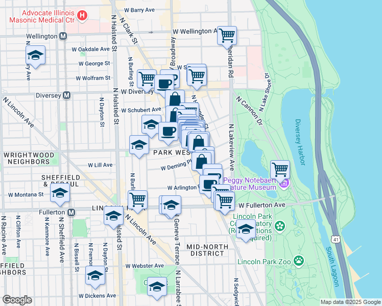 map of restaurants, bars, coffee shops, grocery stores, and more near 2551 North Clark Street in Chicago