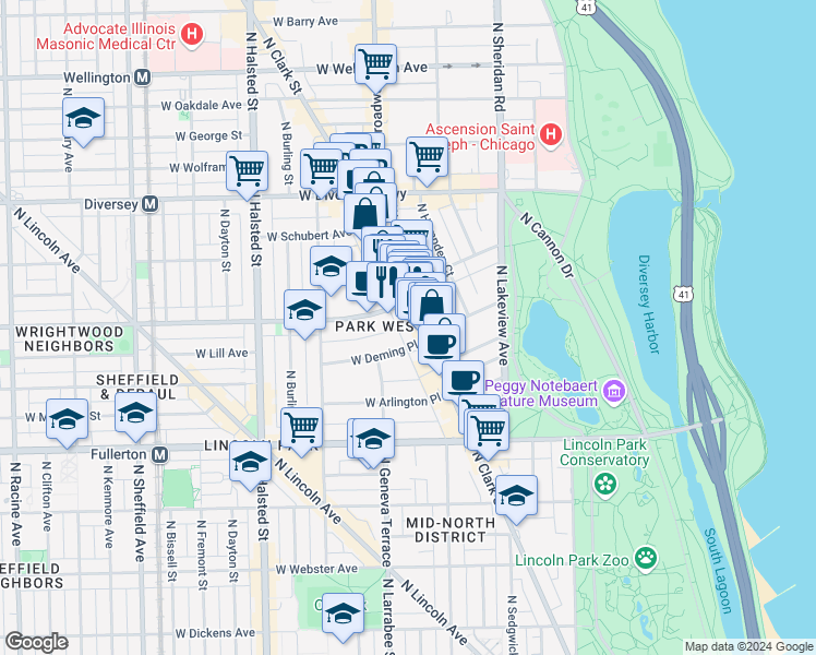 map of restaurants, bars, coffee shops, grocery stores, and more near in Chicago