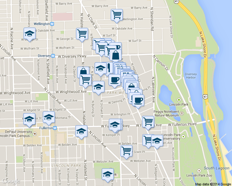map of restaurants, bars, coffee shops, grocery stores, and more near 656 West Wrightwood Avenue in Chicago