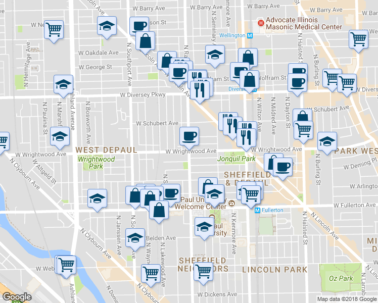 map of restaurants, bars, coffee shops, grocery stores, and more near 2615 North Racine Avenue in Chicago