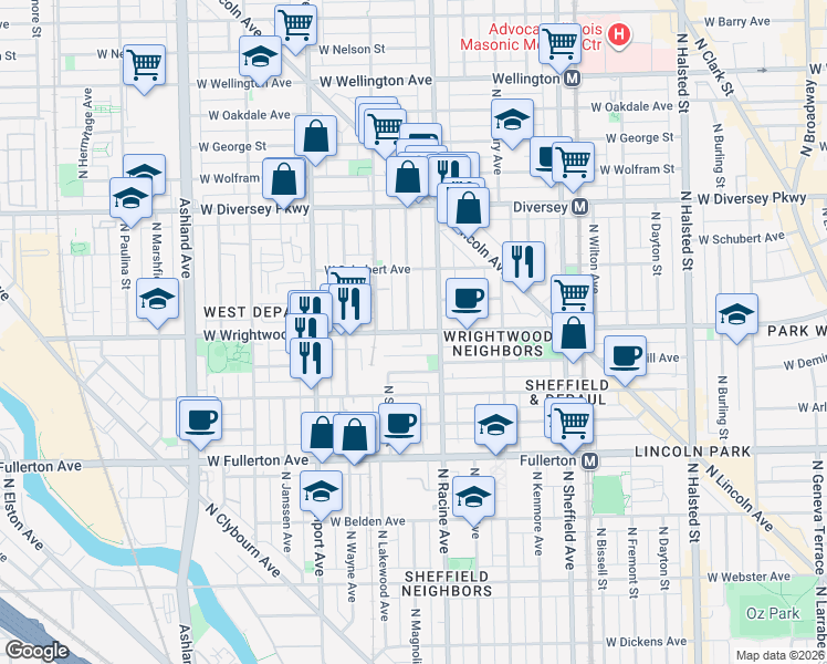 map of restaurants, bars, coffee shops, grocery stores, and more near 2618 North Magnolia Avenue in Chicago