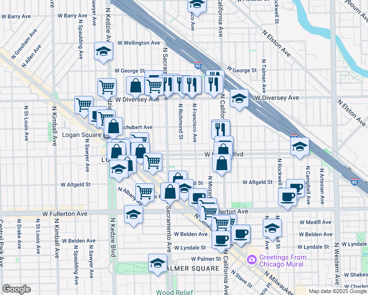 map of restaurants, bars, coffee shops, grocery stores, and more near 2624 North Francisco Avenue in Chicago