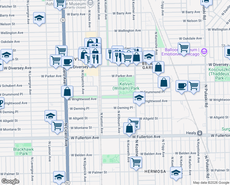 map of restaurants, bars, coffee shops, grocery stores, and more near 4505 West Schubert Avenue in Chicago