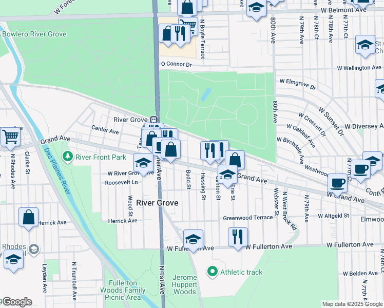 map of restaurants, bars, coffee shops, grocery stores, and more near 2734 Hessing Street in River Grove