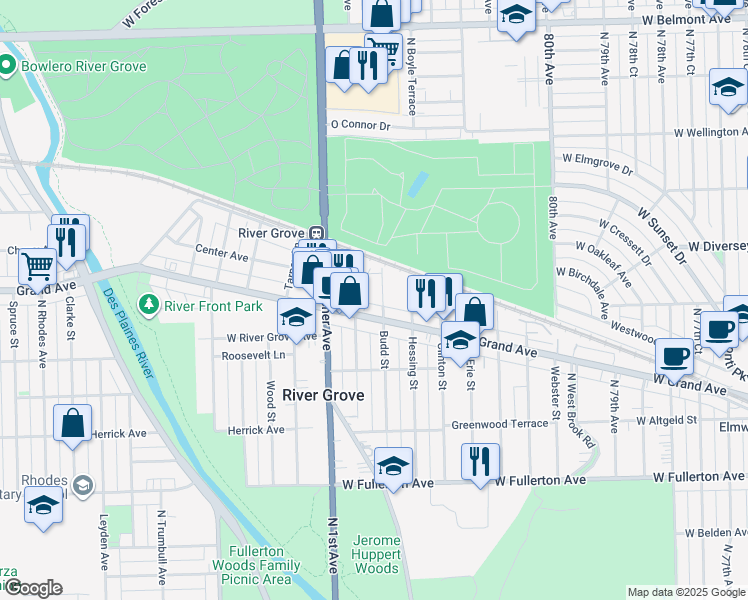 map of restaurants, bars, coffee shops, grocery stores, and more near 2735 Marwood Street in River Grove