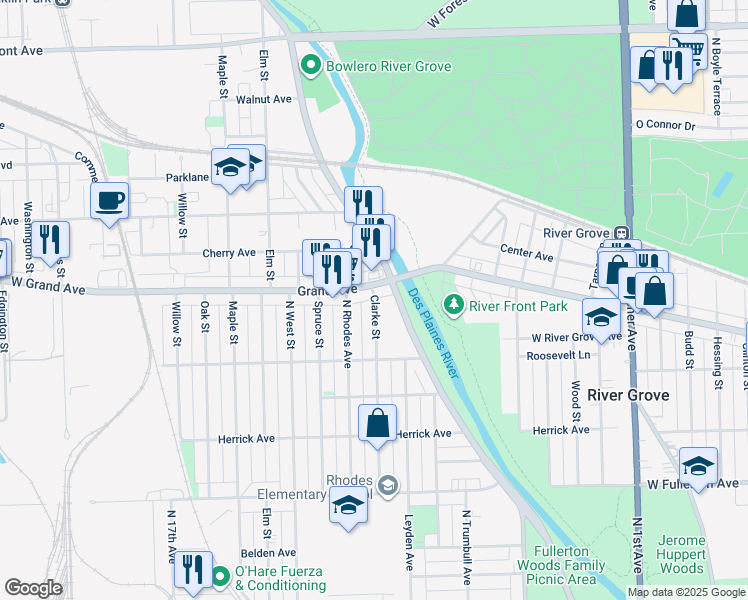 map of restaurants, bars, coffee shops, grocery stores, and more near 8836 West Grand Avenue in River Grove