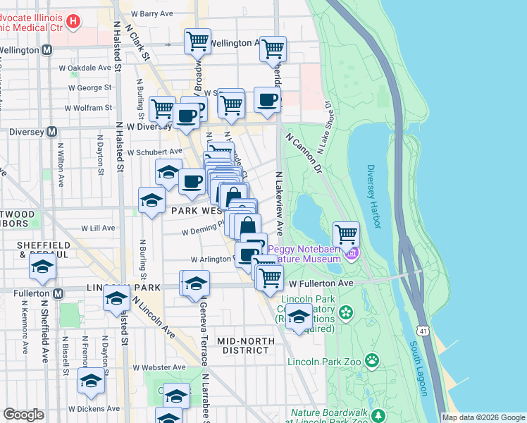 map of restaurants, bars, coffee shops, grocery stores, and more near 432 West Deming Place in Chicago