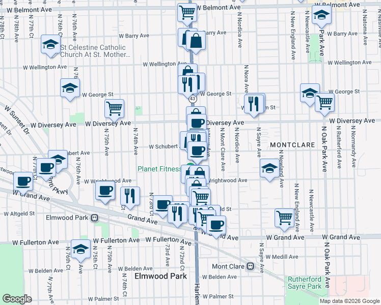 map of restaurants, bars, coffee shops, grocery stores, and more near 2642 North Harlem Avenue in Elmwood Park