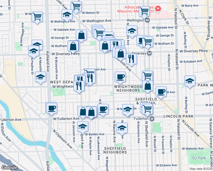 map of restaurants, bars, coffee shops, grocery stores, and more near 2618 North Magnolia Avenue in Chicago