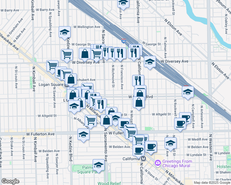 map of restaurants, bars, coffee shops, grocery stores, and more near 2624 North Francisco Avenue in Chicago