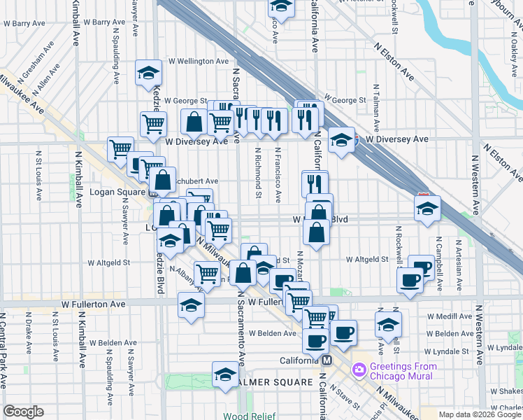 map of restaurants, bars, coffee shops, grocery stores, and more near 2624 North Francisco Avenue in Chicago