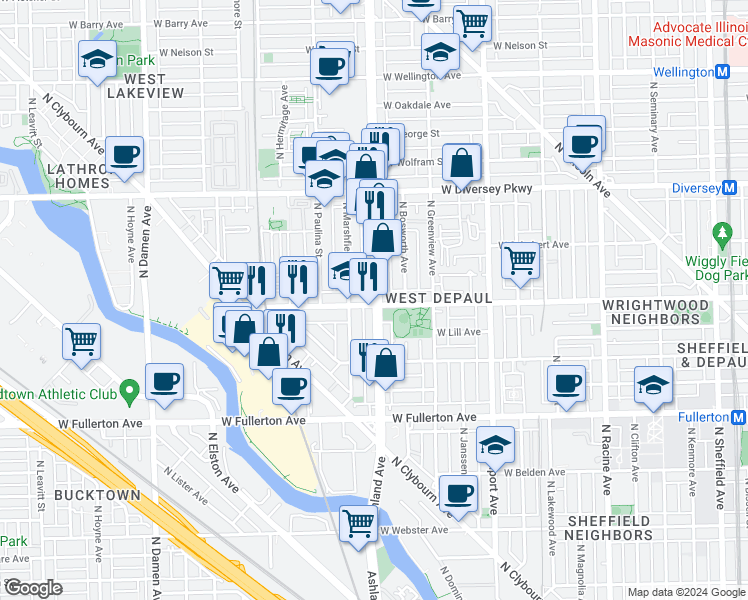map of restaurants, bars, coffee shops, grocery stores, and more near 2600 North Ashland Avenue in Chicago