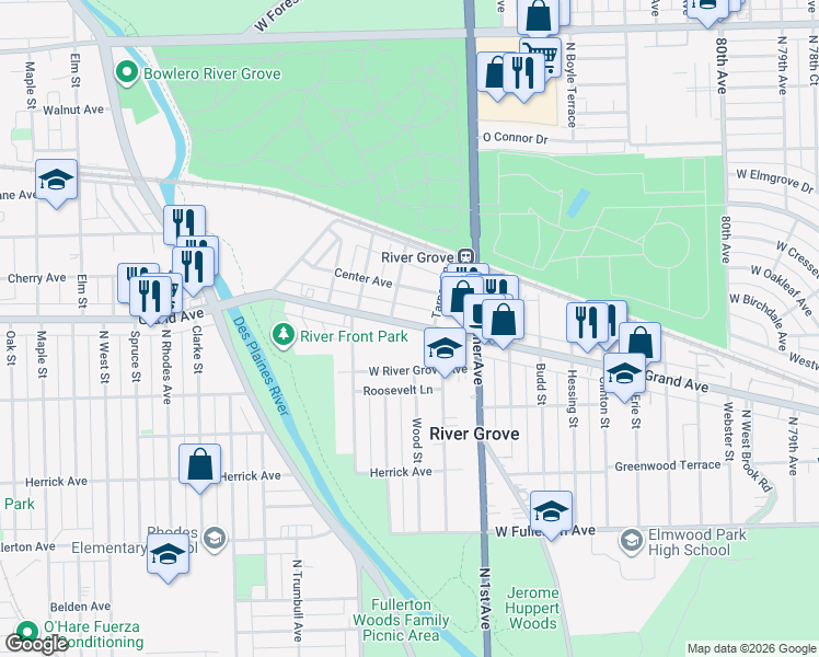map of restaurants, bars, coffee shops, grocery stores, and more near 8498 Grand Avenue in River Grove