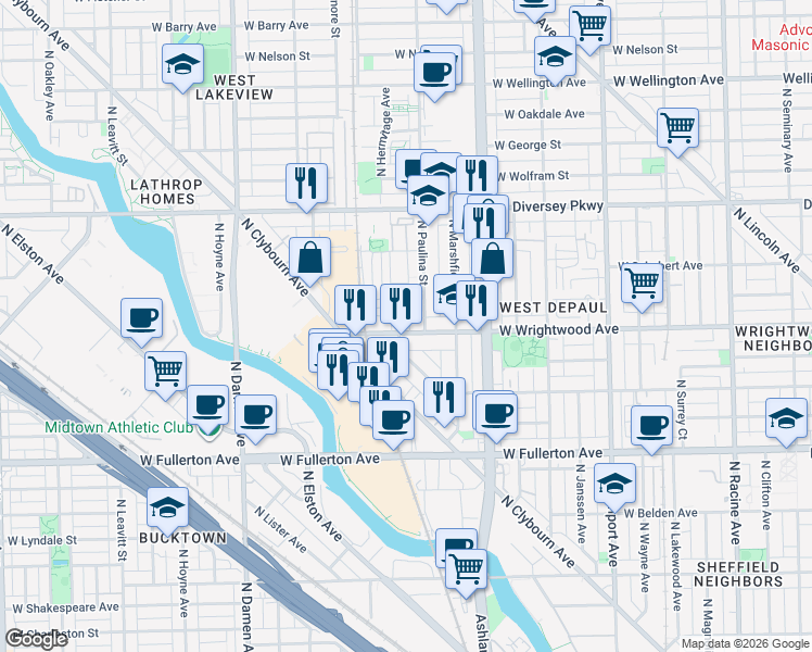 map of restaurants, bars, coffee shops, grocery stores, and more near 2630 North Hermitage Avenue in Chicago