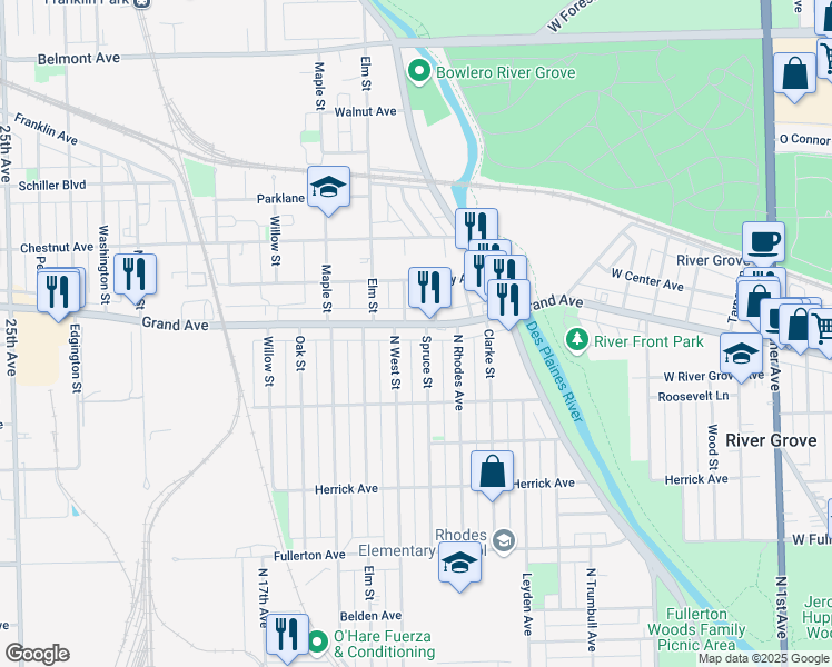 map of restaurants, bars, coffee shops, grocery stores, and more near 8928 Spruce Street in River Grove