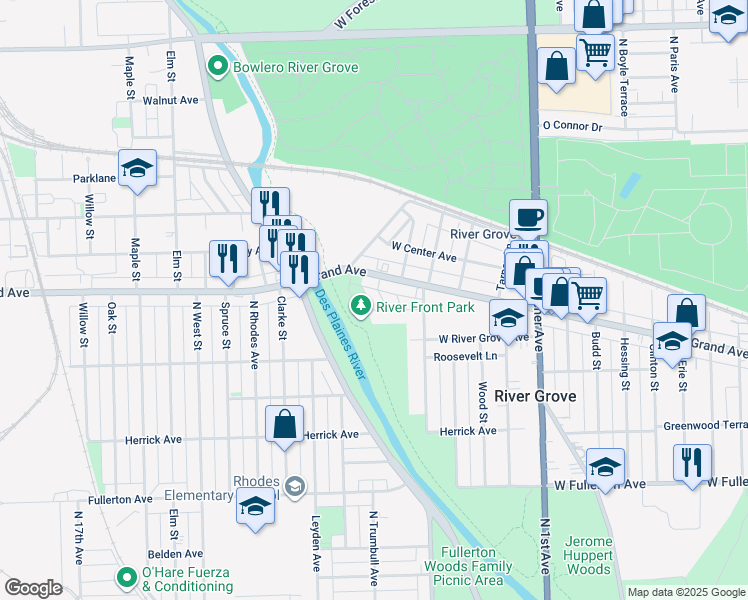 map of restaurants, bars, coffee shops, grocery stores, and more near 8655 West Grand Avenue in River Grove