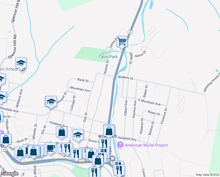 map of restaurants, bars, coffee shops, grocery stores, and more near 239 North Main Street in Winsted
