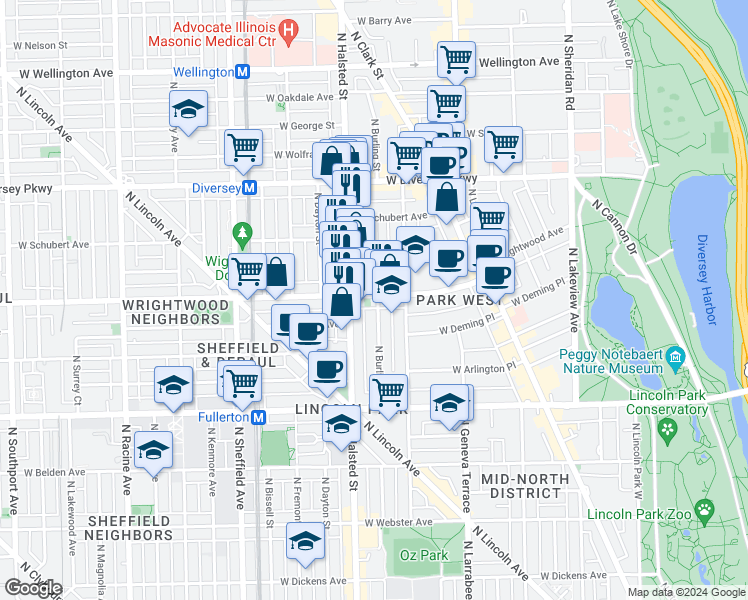 map of restaurants, bars, coffee shops, grocery stores, and more near 735 West Wrightwood Avenue in Chicago