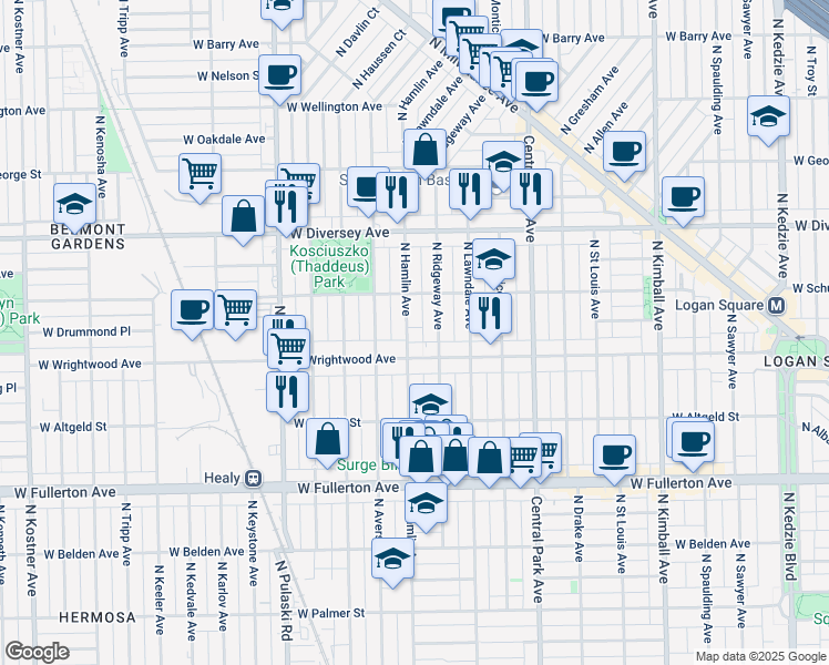 map of restaurants, bars, coffee shops, grocery stores, and more near in Chicago