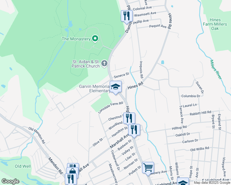 map of restaurants, bars, coffee shops, grocery stores, and more near 1364 Diamond Hill Road in Cumberland