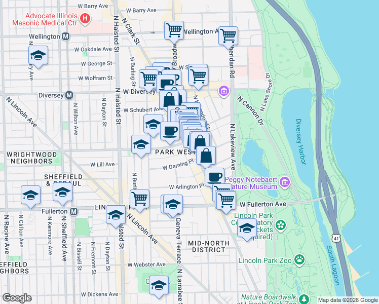 map of restaurants, bars, coffee shops, grocery stores, and more near 506 West Deming Place in Chicago