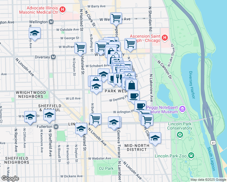 map of restaurants, bars, coffee shops, grocery stores, and more near 656 West Wrightwood Avenue in Chicago