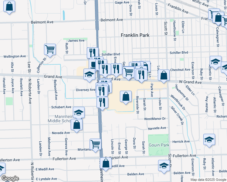 map of restaurants, bars, coffee shops, grocery stores, and more near in Franklin Park