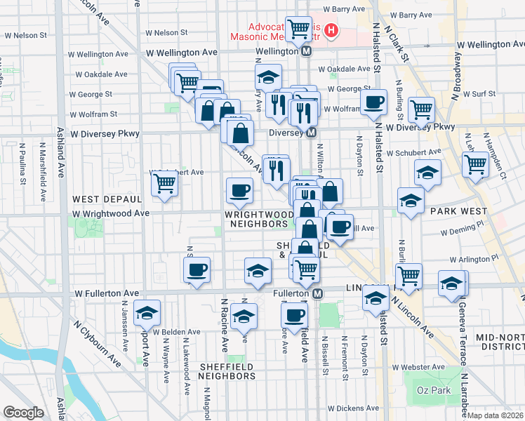 map of restaurants, bars, coffee shops, grocery stores, and more near W Wrightwood Ave & N Seminary Ave in Chicago