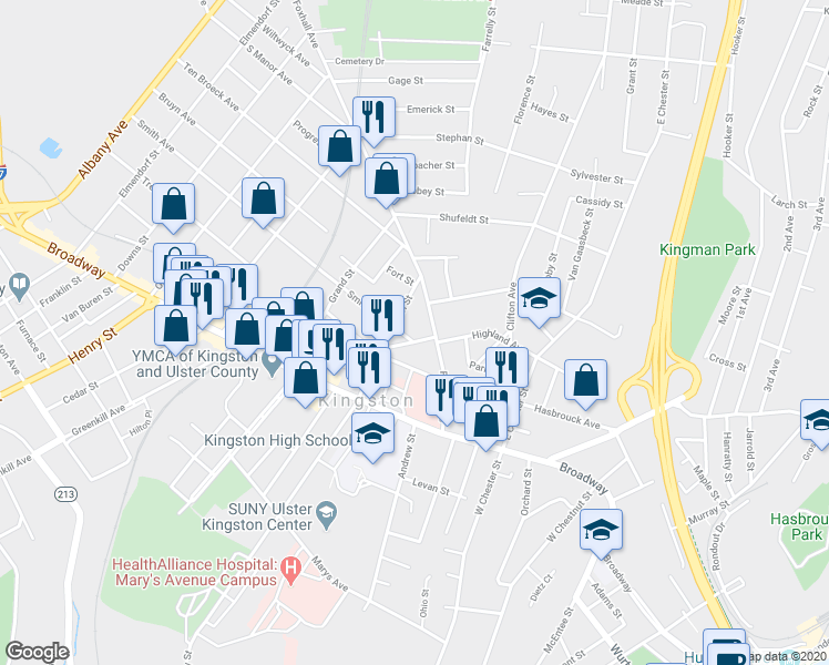 map of restaurants, bars, coffee shops, grocery stores, and more near 2 Smith Avenue in Kingston