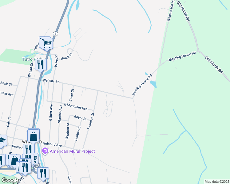 map of restaurants, bars, coffee shops, grocery stores, and more near 181 Wallens Street in Winsted
