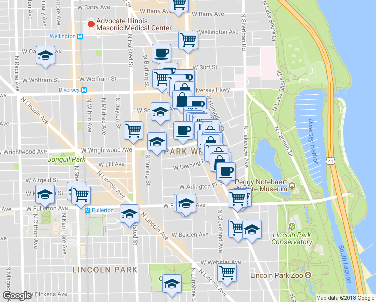 map of restaurants, bars, coffee shops, grocery stores, and more near 612 West Wrightwood Avenue in Chicago