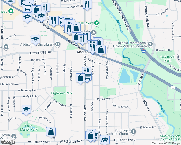 map of restaurants, bars, coffee shops, grocery stores, and more near 109 North Iowa Avenue in Addison