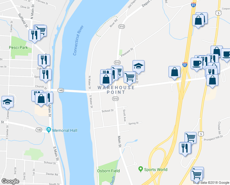 map of restaurants, bars, coffee shops, grocery stores, and more near 88 Main Street in East Windsor