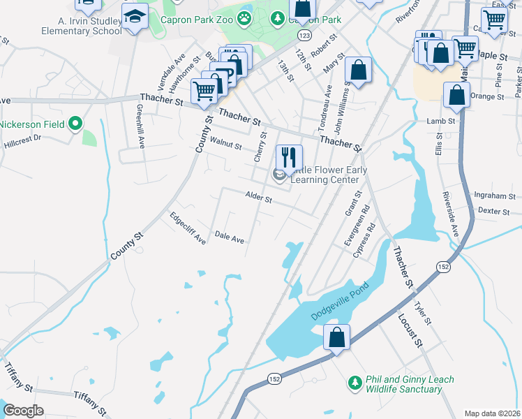 map of restaurants, bars, coffee shops, grocery stores, and more near 55 Alder Street in Attleboro