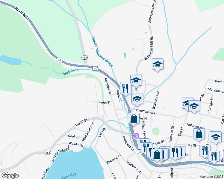 map of restaurants, bars, coffee shops, grocery stores, and more near 79 Front Street in Winsted
