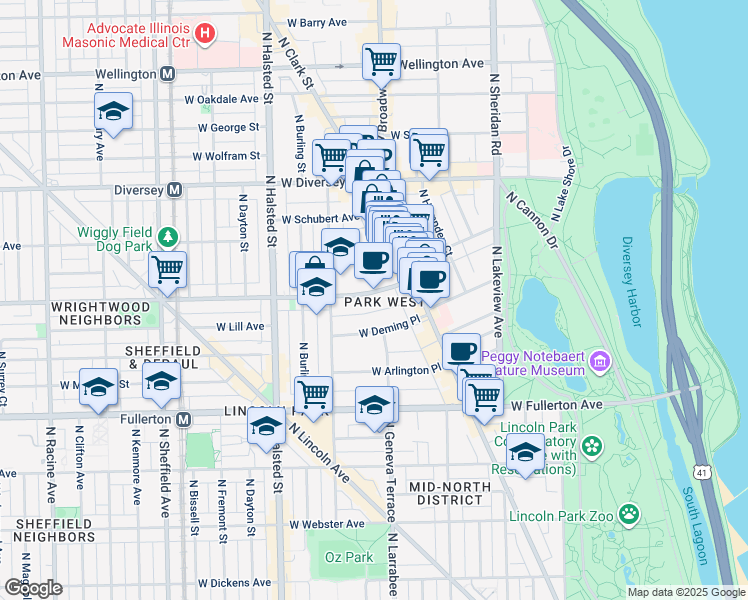 map of restaurants, bars, coffee shops, grocery stores, and more near 656 West Wrightwood Avenue in Chicago